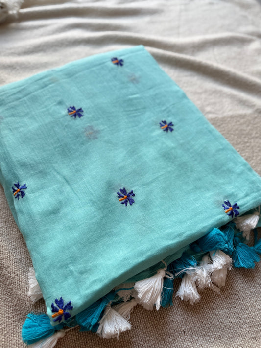 Parijaat Aqua Blue Mul Cotton Saree