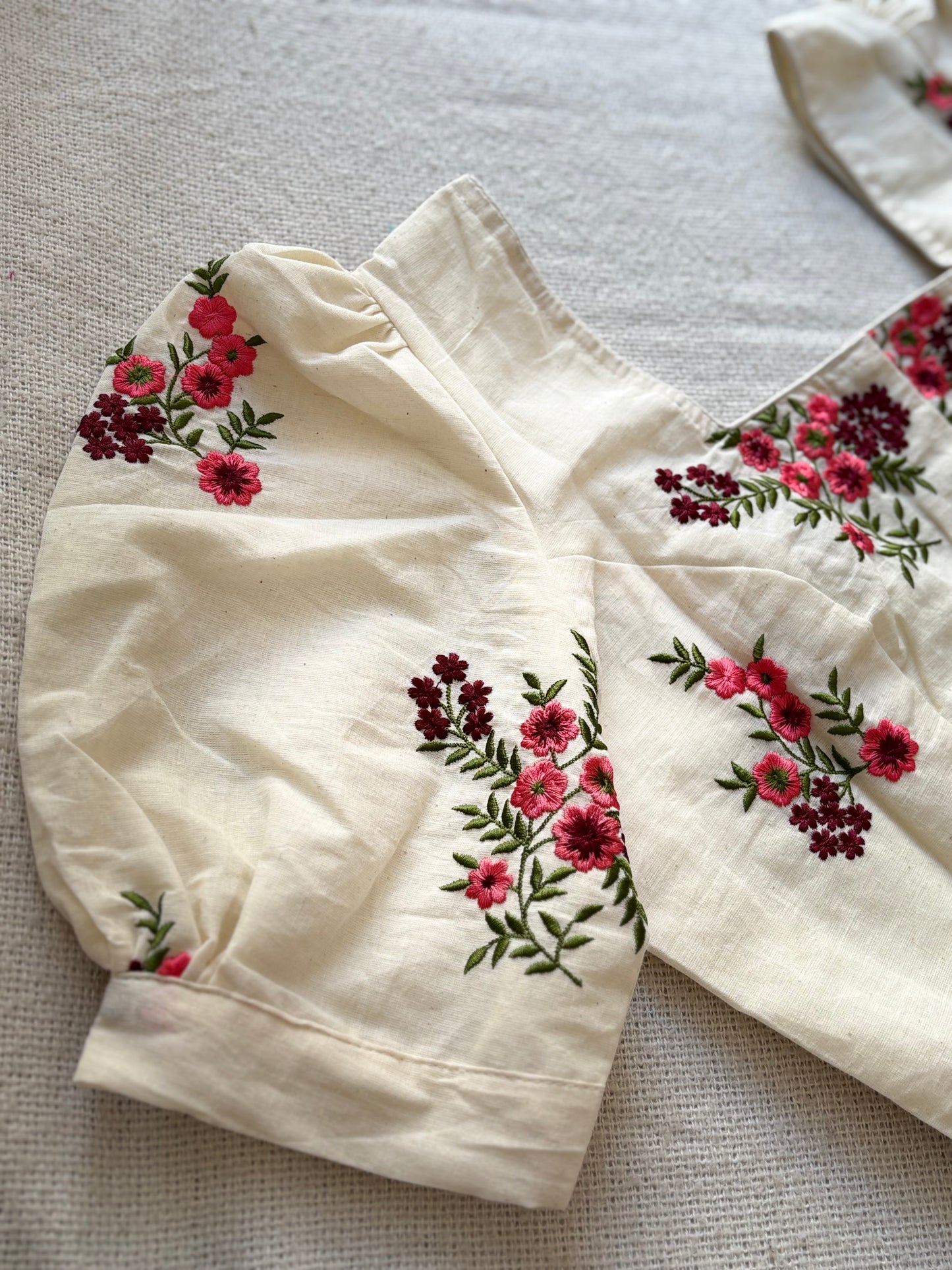 Puff Sleeves Off White Blouse with Floral Embroidery 🌸