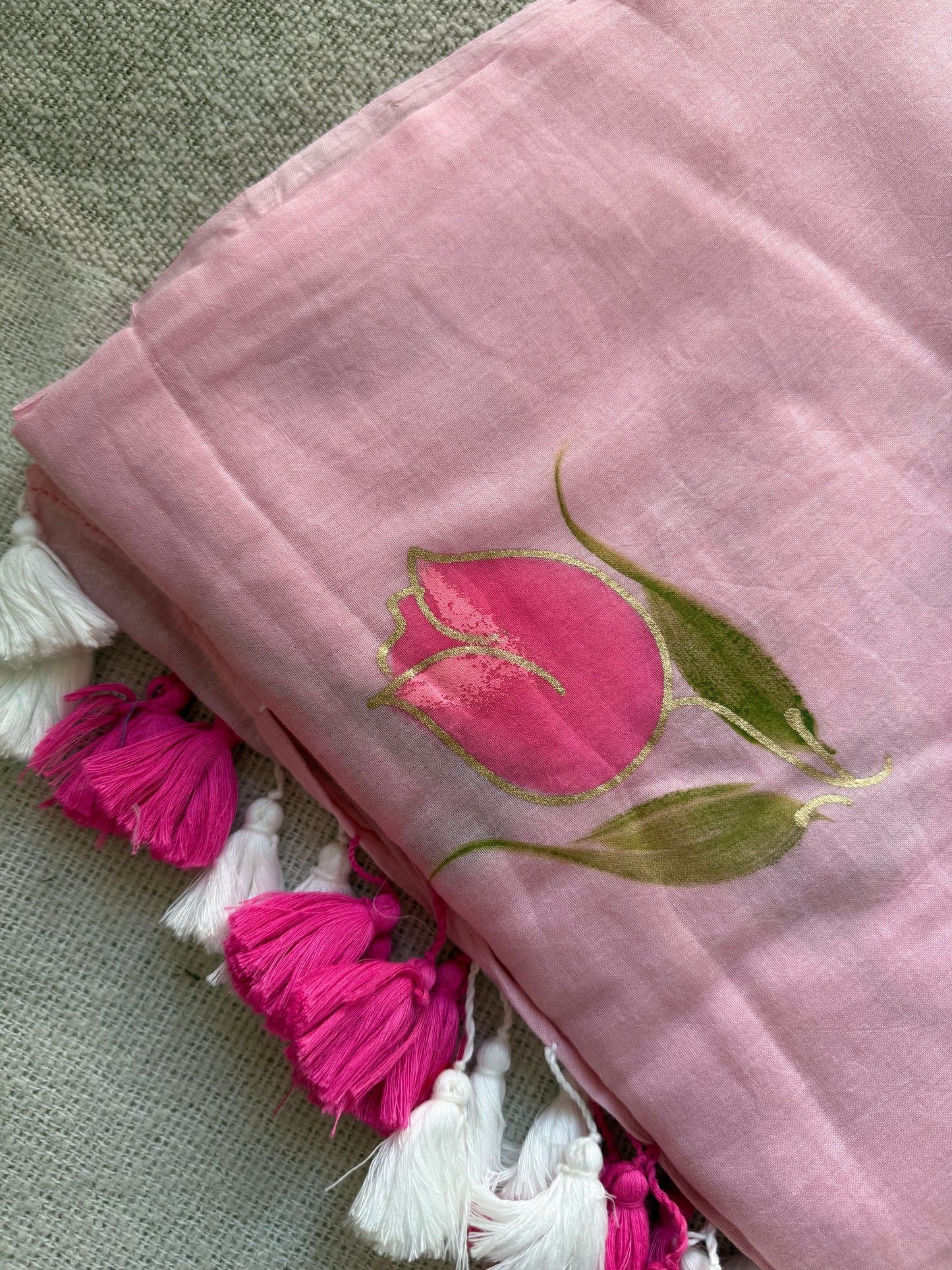 Rose Handpainted Pink Mul Cotton Saree