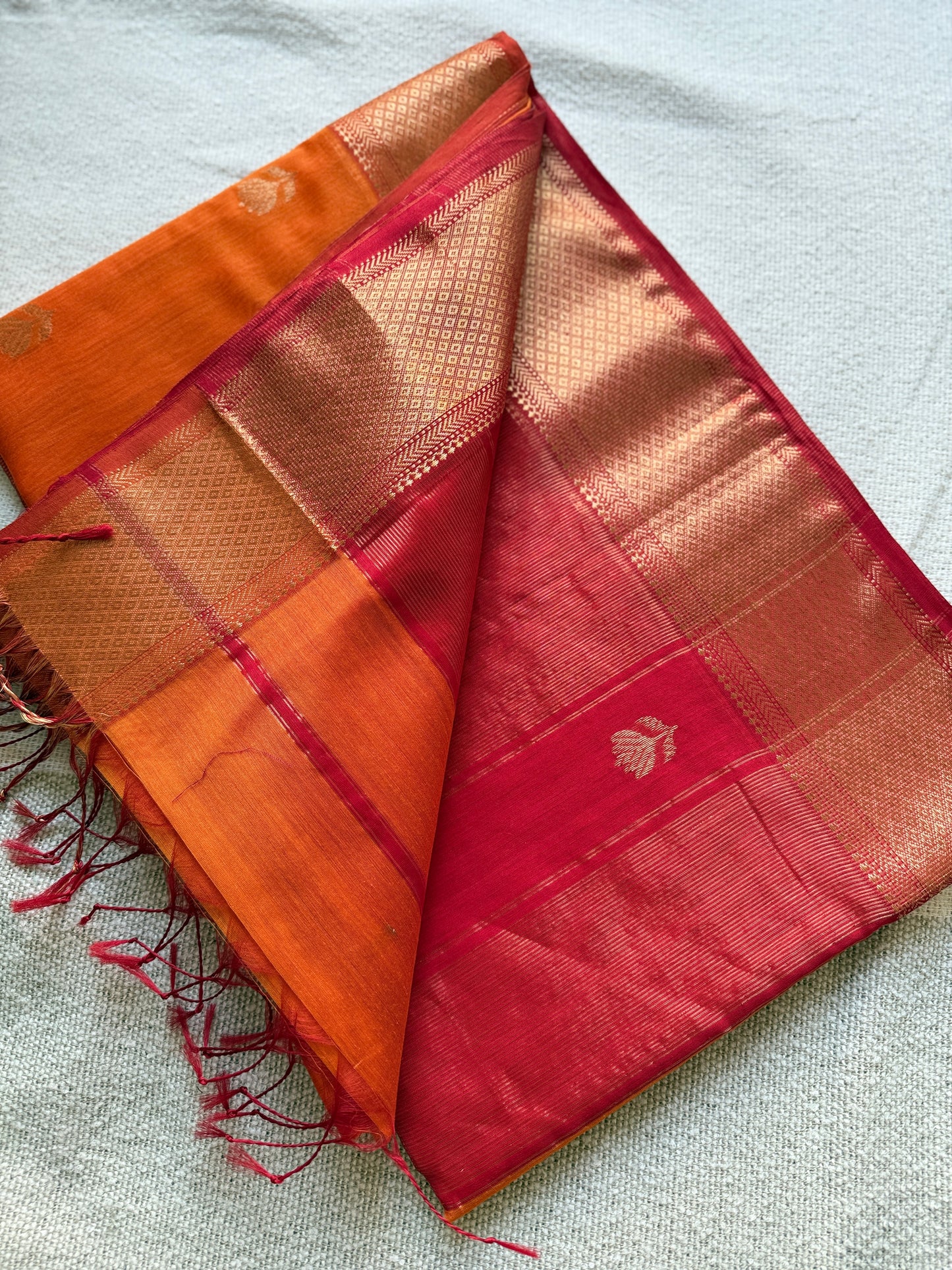 Orange Lotuf Motif Maheshwari Saree