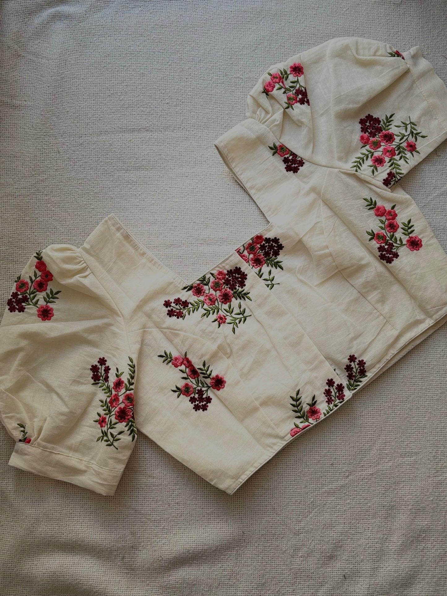 Puff Sleeves Off White Blouse with Floral Embroidery 🌸