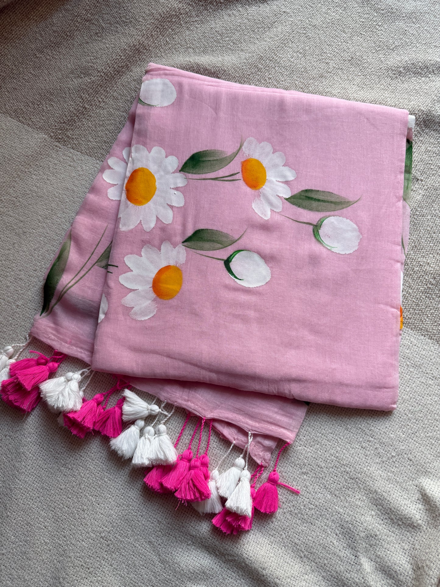 Daisy Handpainted Pink Mul Cotton Saree