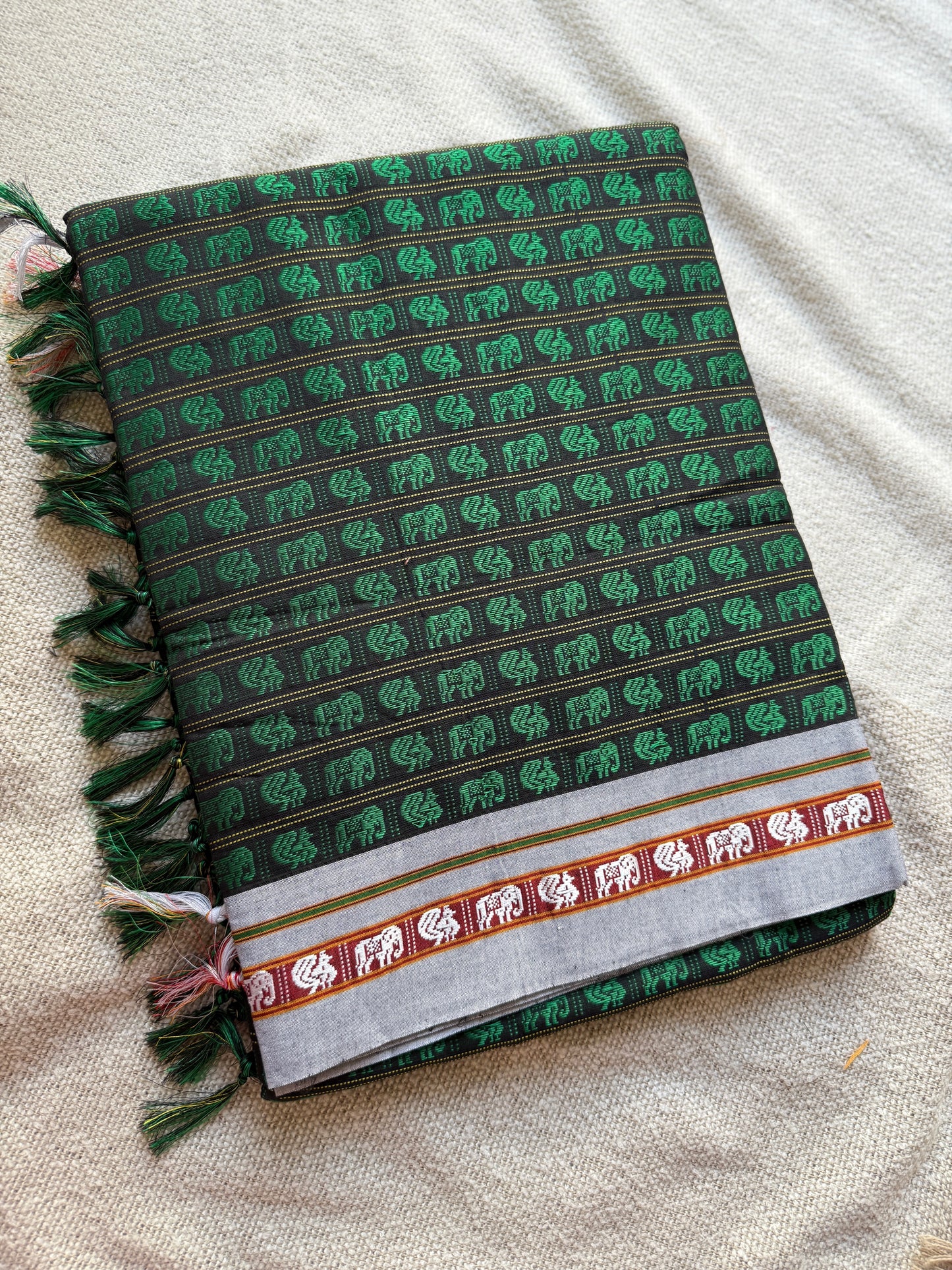 Hati More Green with Grey Border Khunn Saree