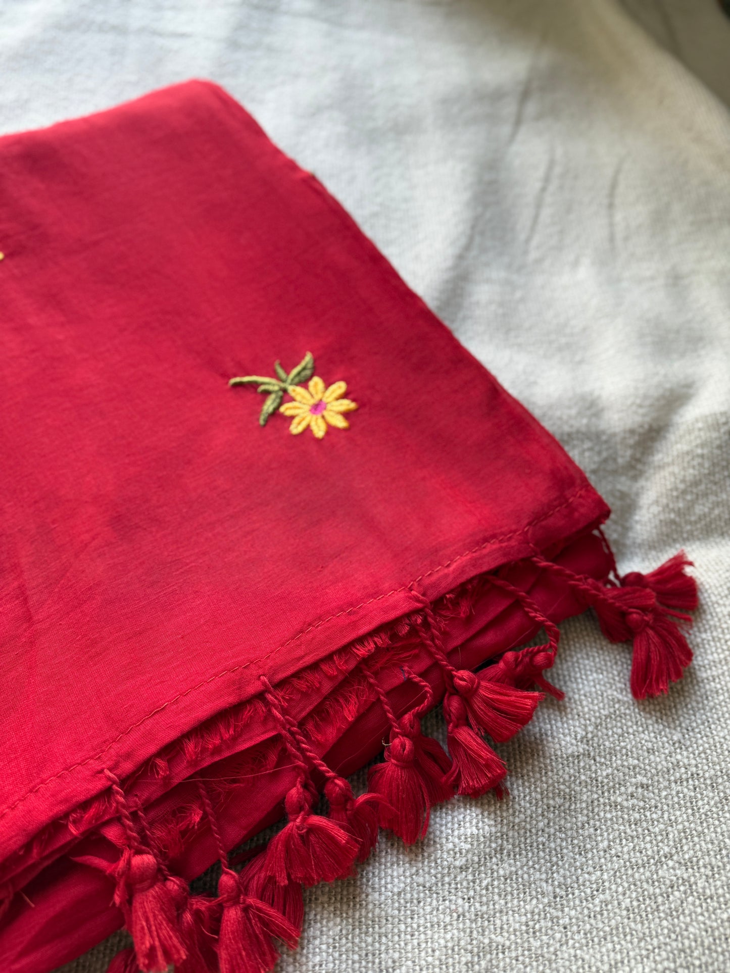 Daisy Embroidery Red Mul Cotton Saree