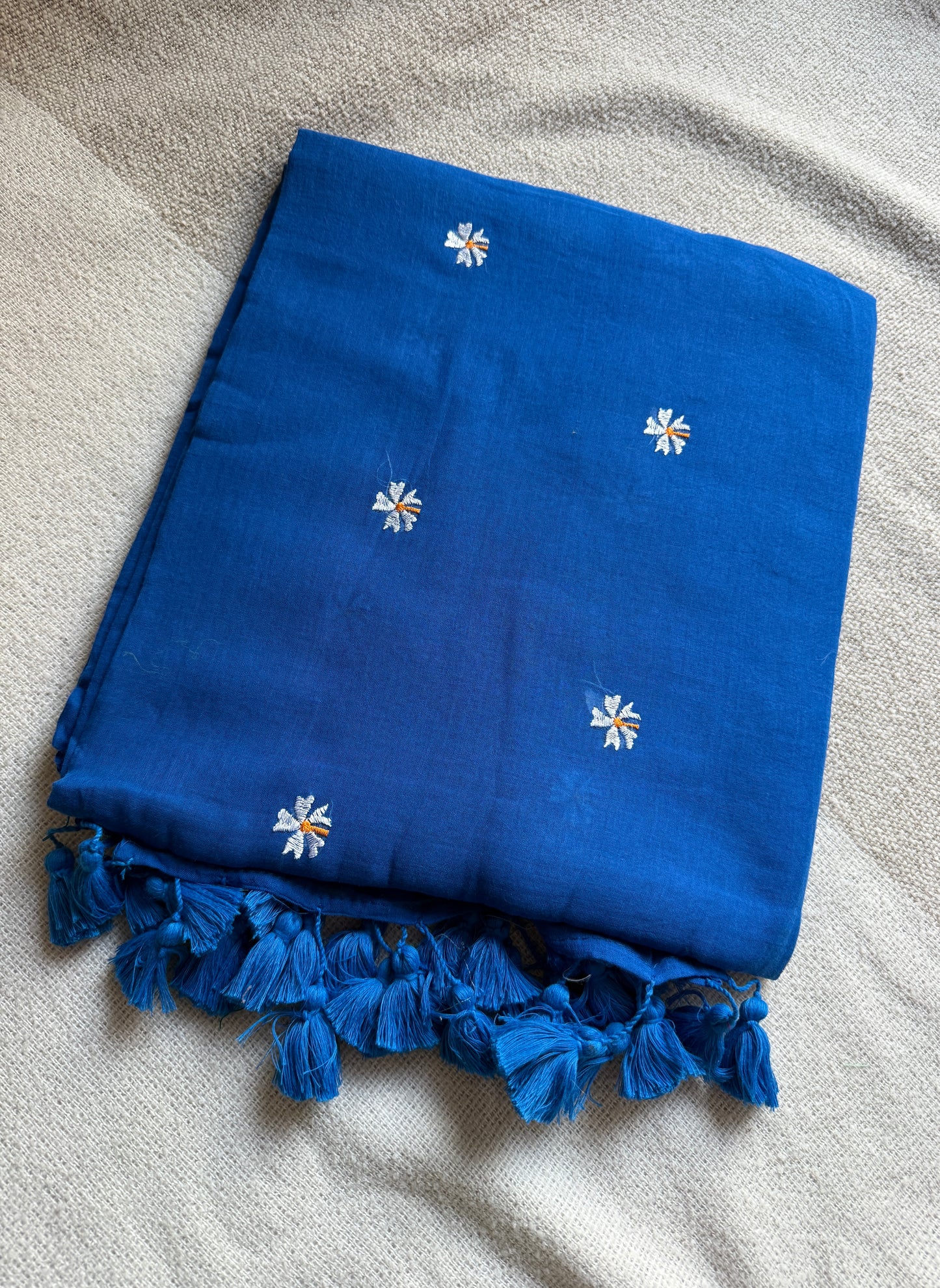 Blue Parijaat Embroidered Mul Cotton Saree