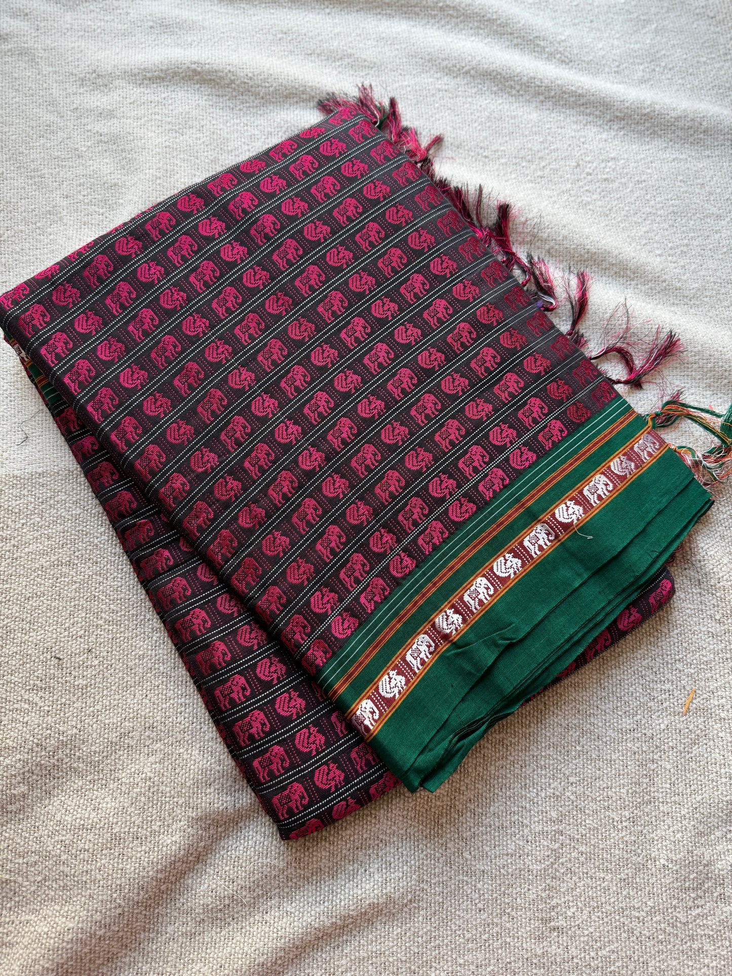 Hati Mor Pink with Green Border Khunn Saree