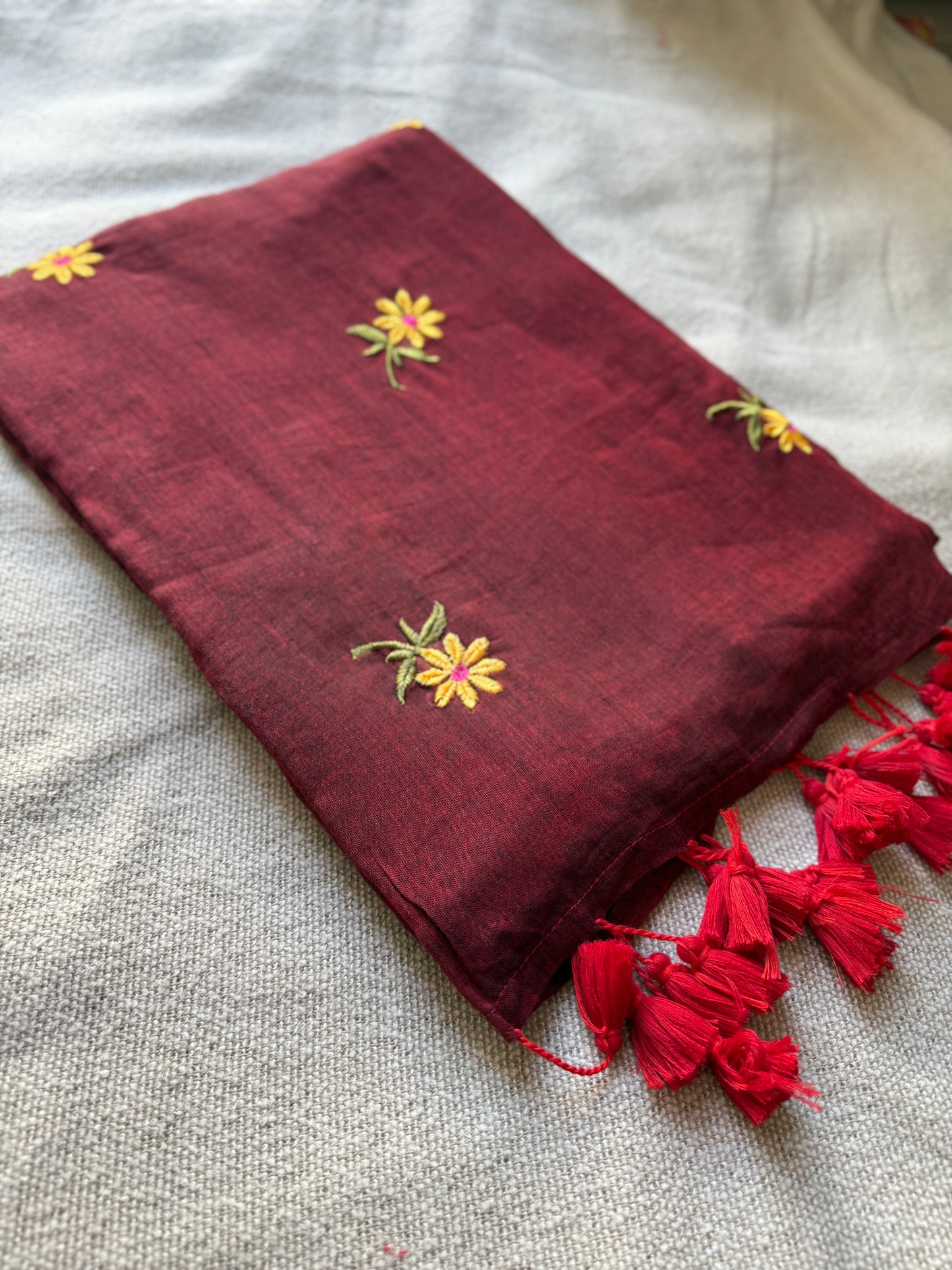 Daisy Embroidered Maroon Mul Cotton Saree