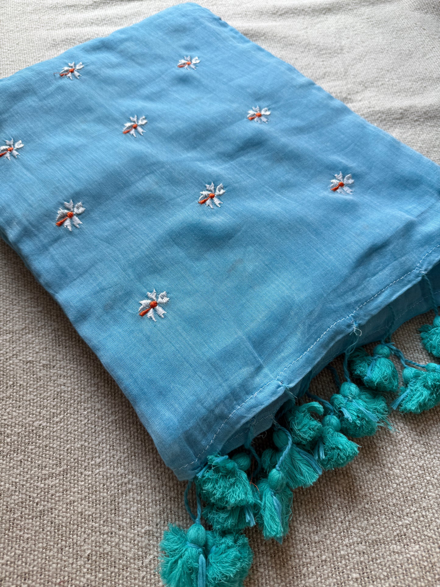 Sky Blue Parijaat Embroidered Mul Cotton Saree