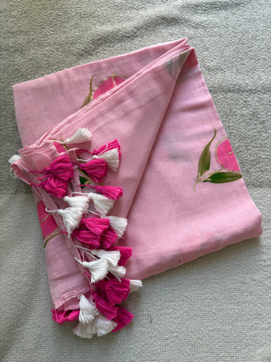 Rose Handpainted Pink Mul Cotton Saree