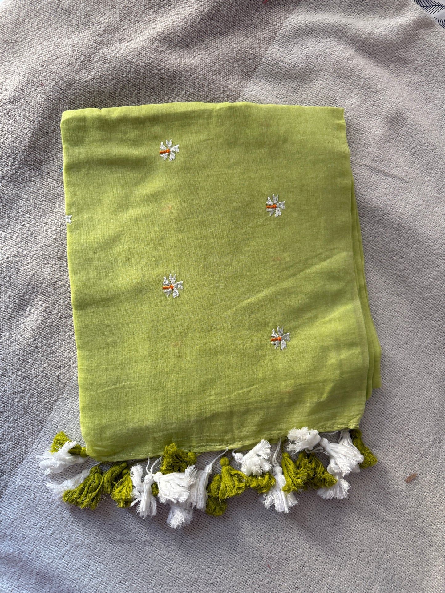 Parijaat Embroidered Pista Mul Cotton Saree