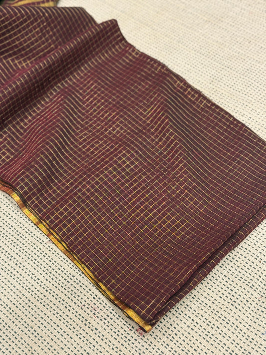 Coffee Brown Golden Zari Checkered Sareee