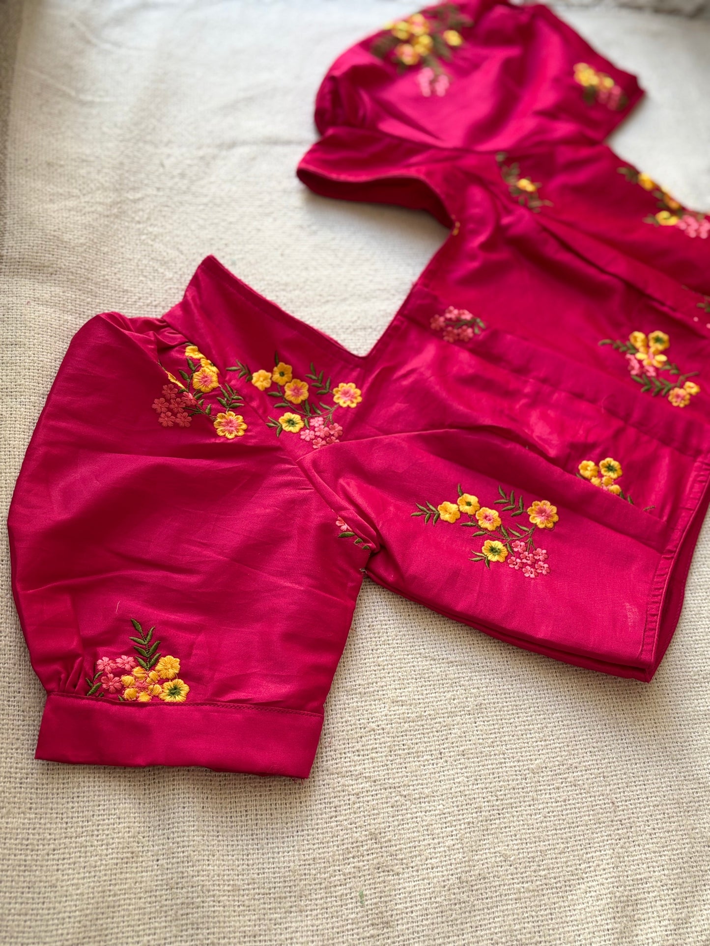 Puff Sleeves Hot Pink Blouse with Floral Embroidery 🌸