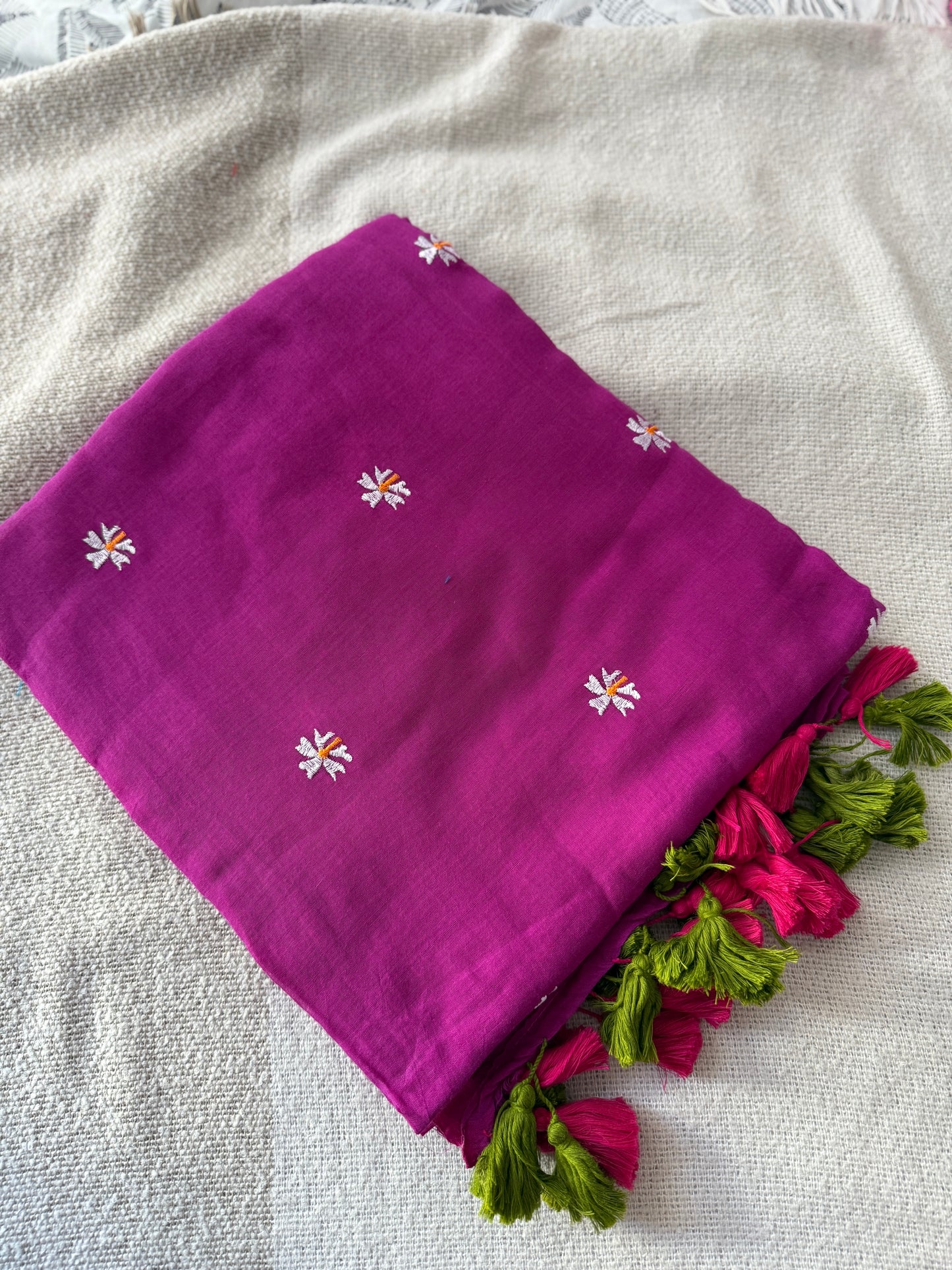 Parijaat Embroidered Magenta Mul Cotton Saree