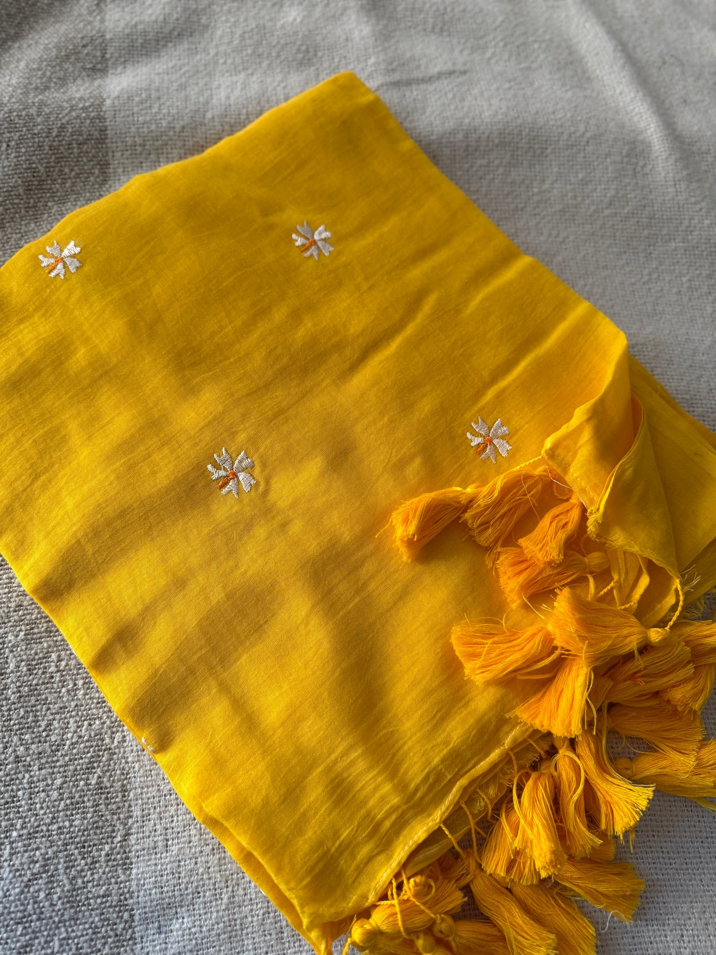 Yellow Parijaat Embroidered Mul Cotton Saree