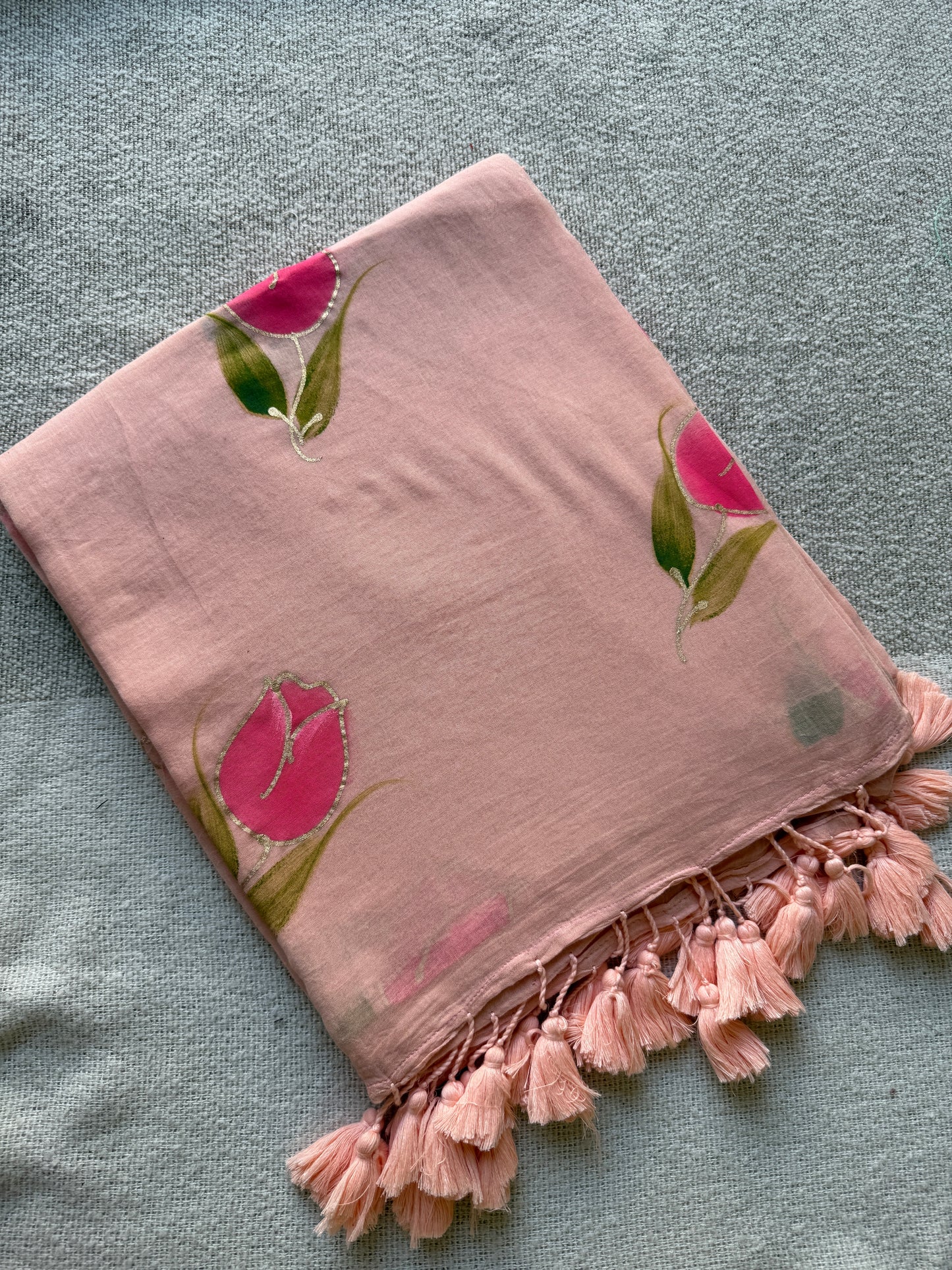 Rose Handpained Peach Mul Cotton Saree