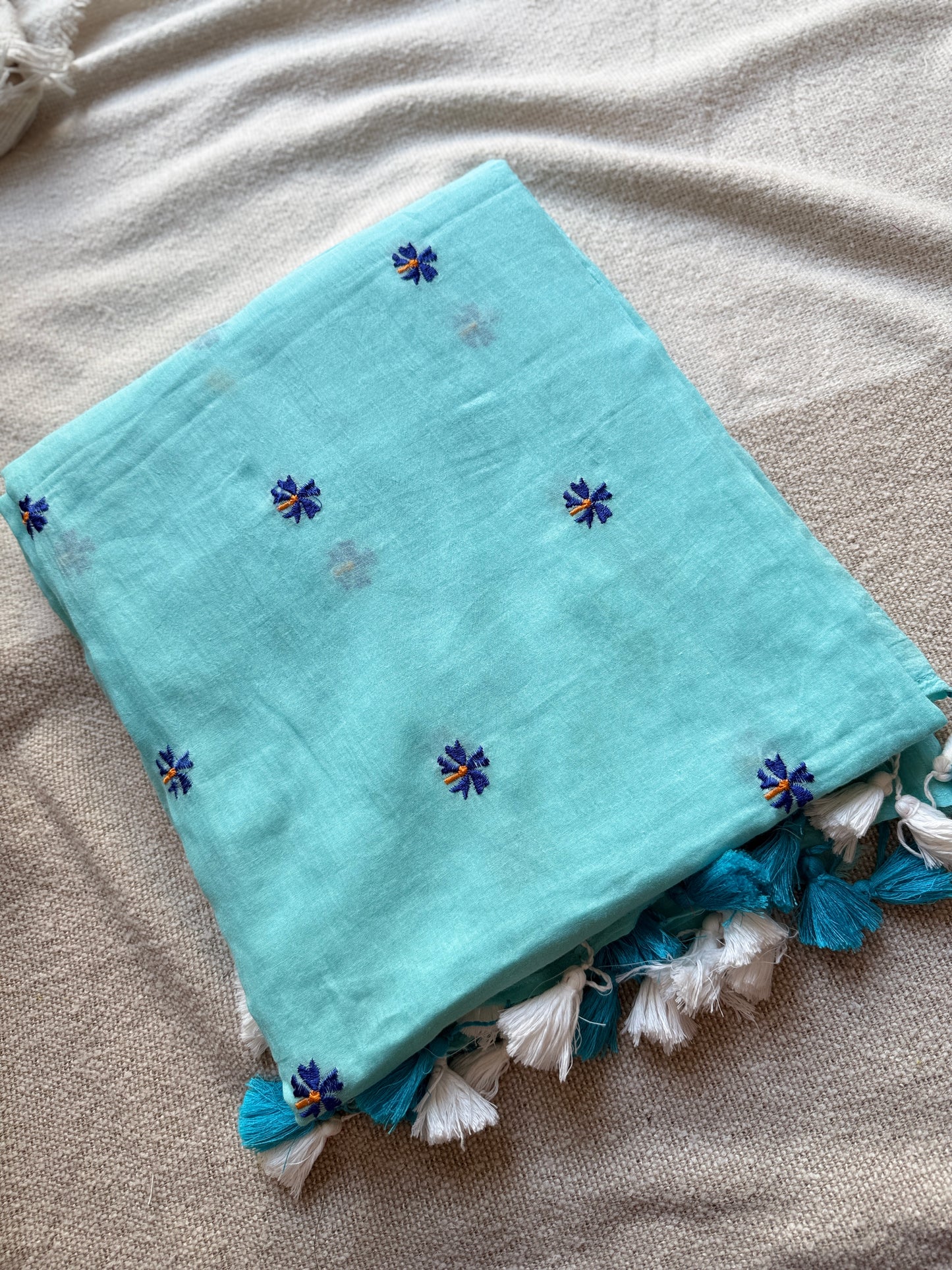 Parijaat Aqua Blue Mul Cotton Saree