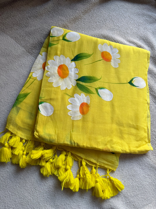 Daisy Handpainted Mul Cotton Yellow Saree