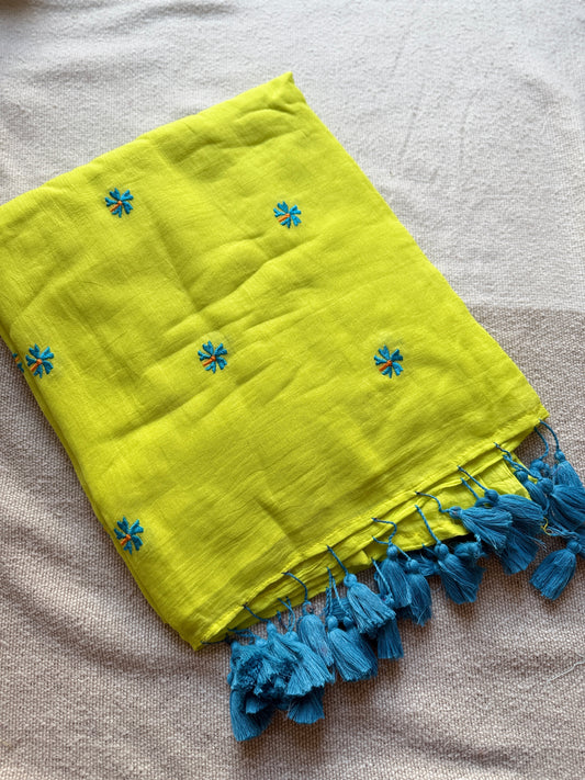 Neon Green Contast Parijaat Embroidered Saree