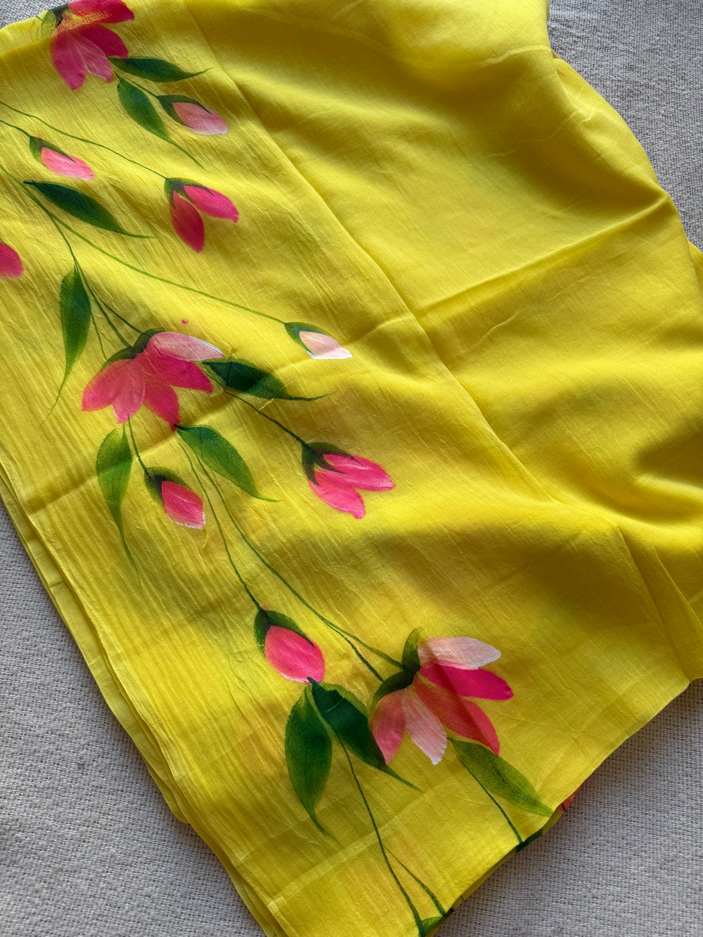 Yellow Handpainted Mul Cotton Saree