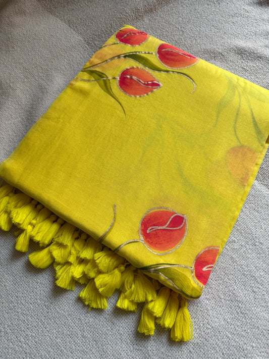 Handpainted Tulip Yellow Mul Cotton Saree