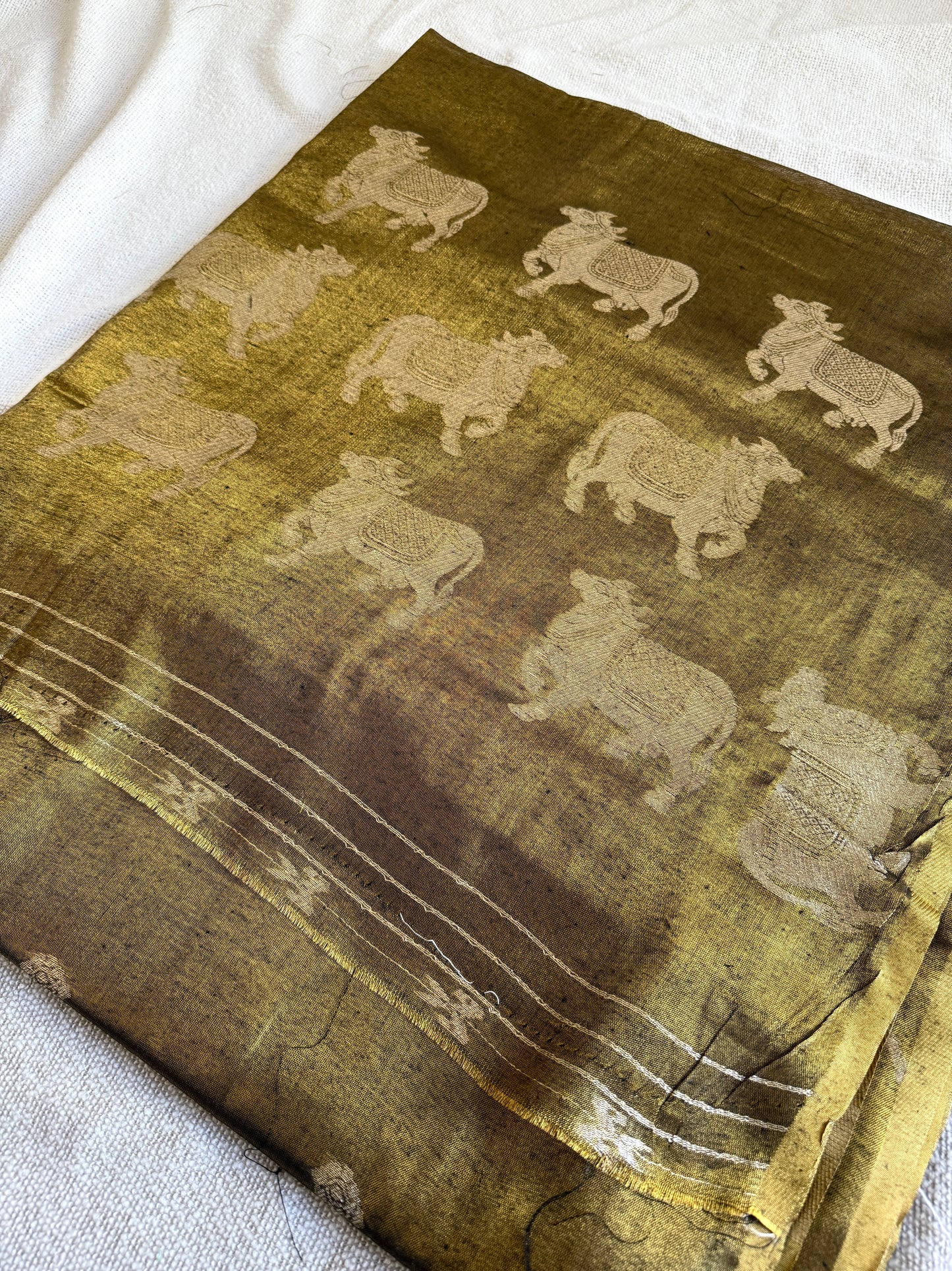 Copper Linen Tissue Cow Motif Saree