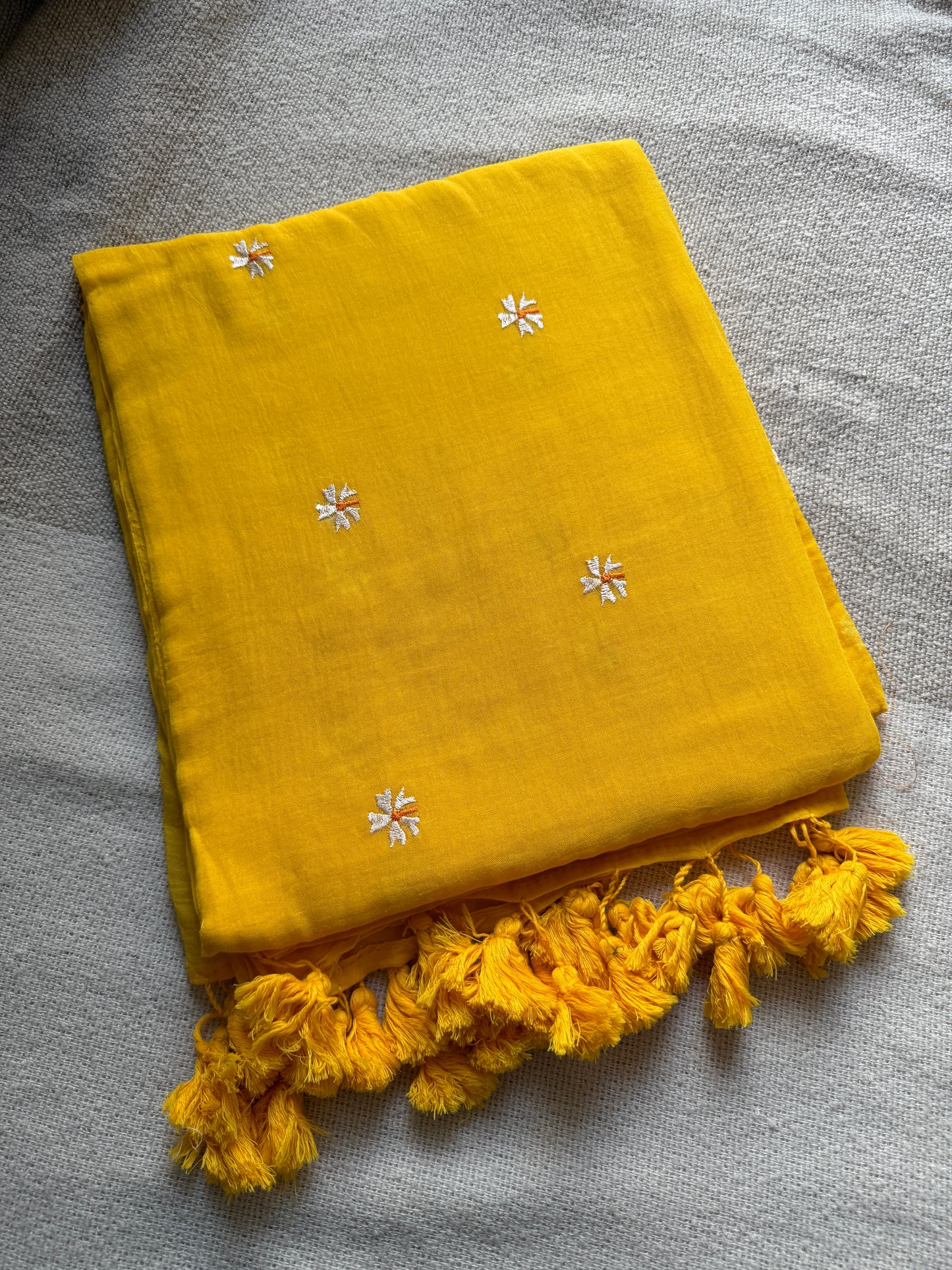 Yellow Parijaat Embroidered Mul Cotton Saree