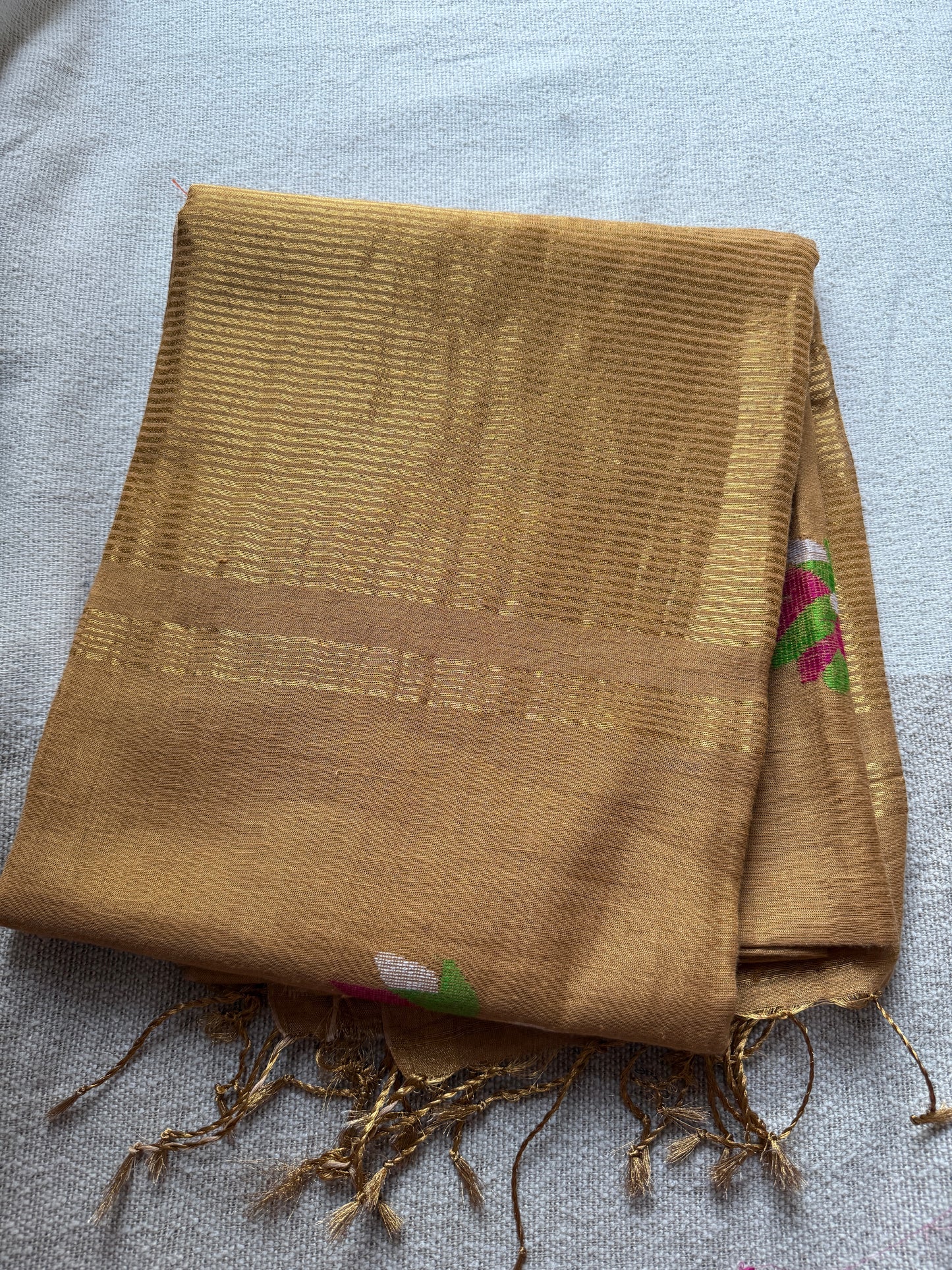 Golden Linen Tissue Lotus Motif Saree