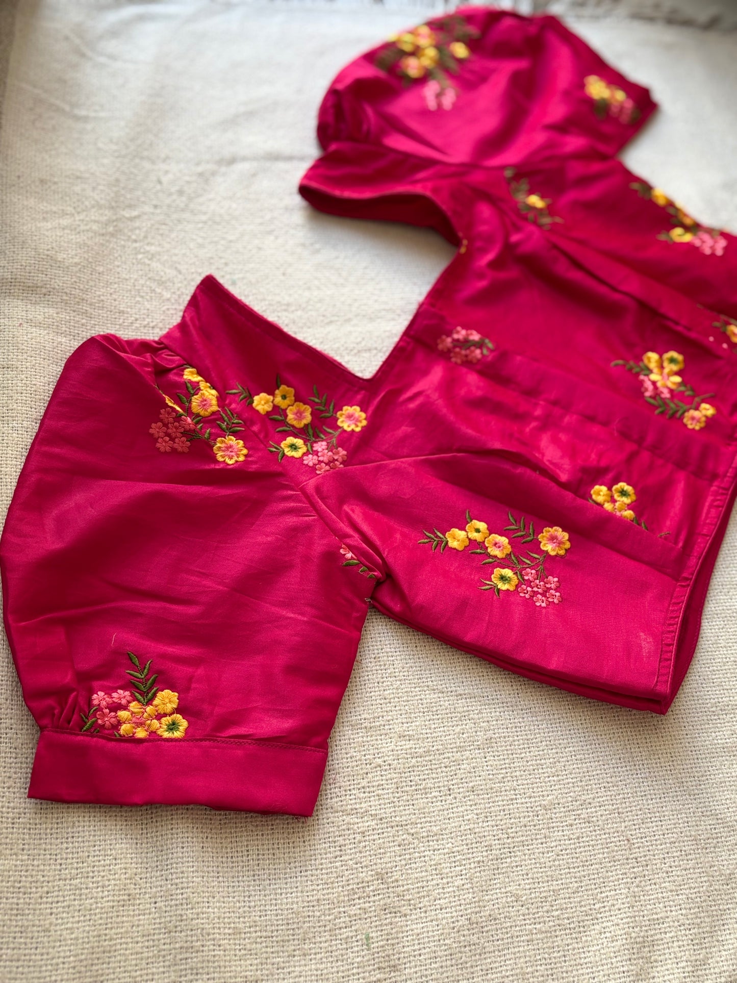 Puff Sleeves Hot Pink Blouse with Floral Embroidery 🌸