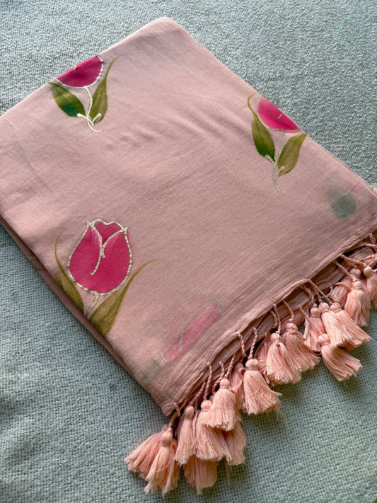 Rose Handpained Peach Mul Cotton Saree