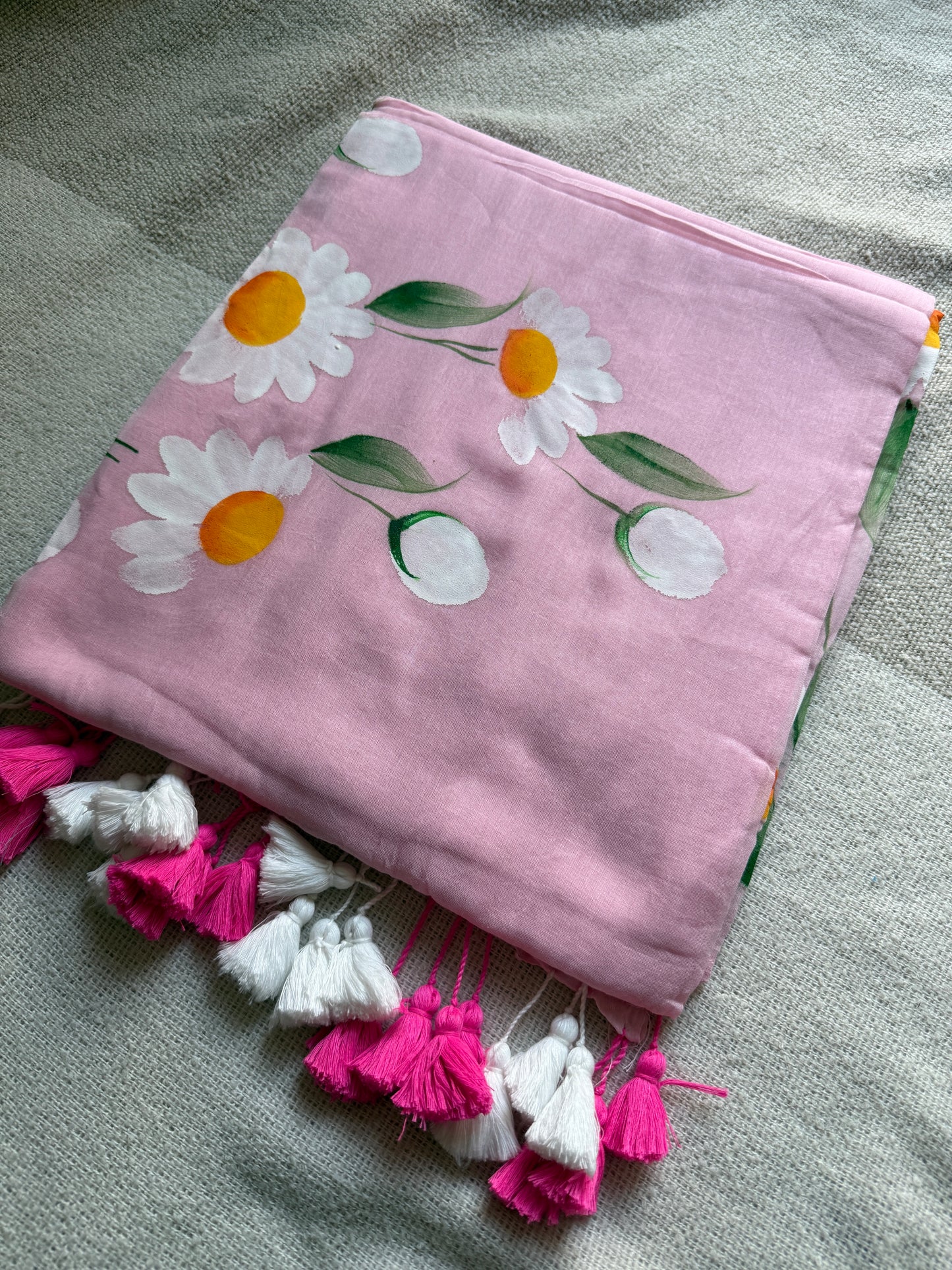Daisy Handpainted Pink Mul Cotton Saree