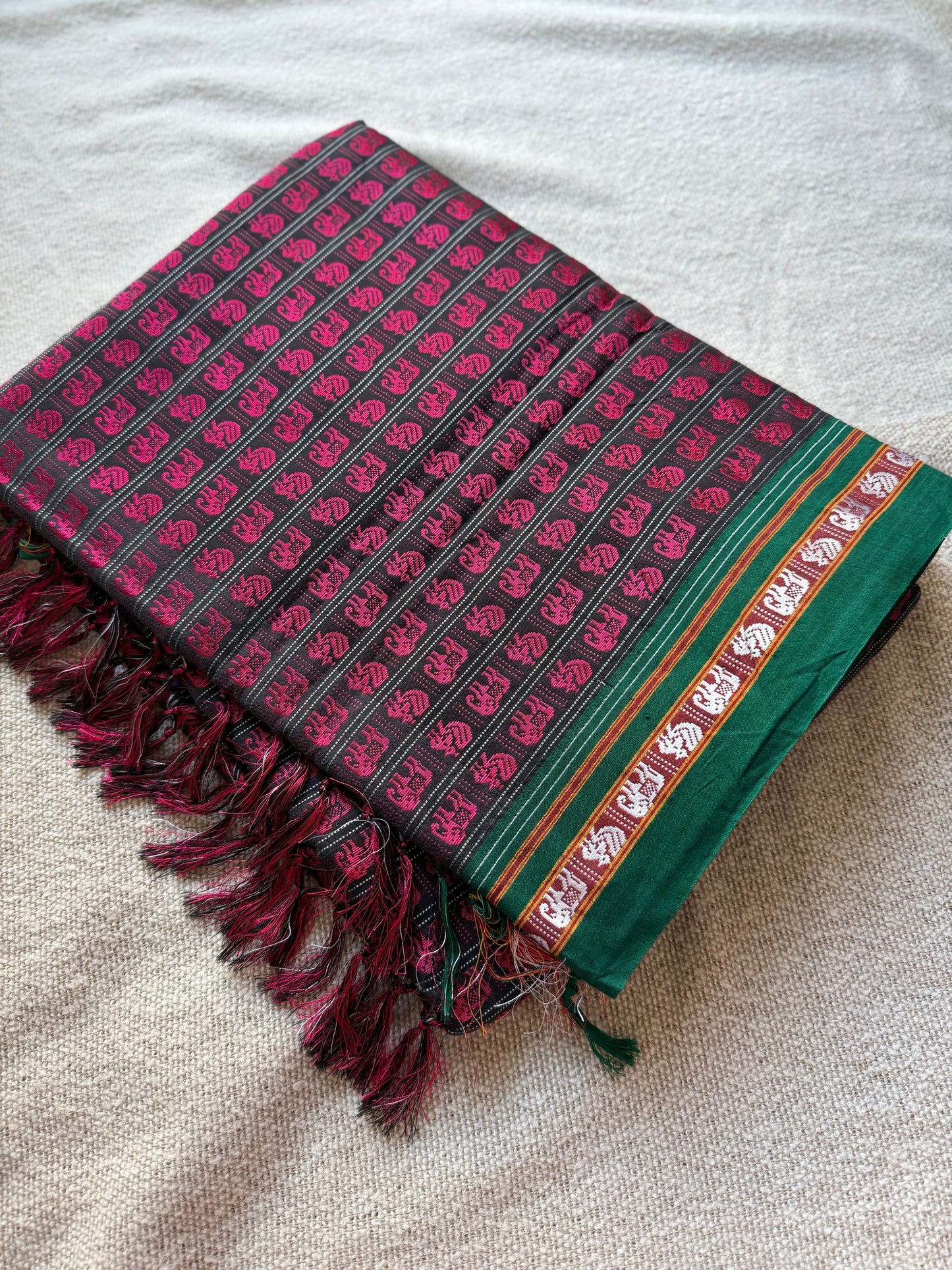 Hati Mor Pink with Green Border Khunn Saree