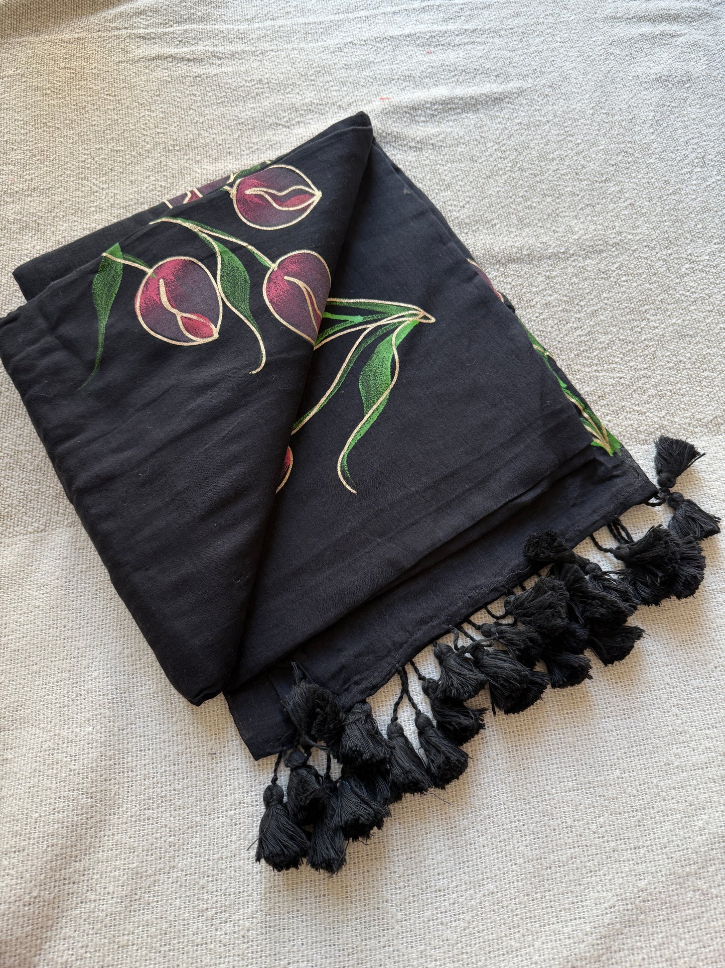 Handpainted Tulip Black Mul Cotton Saree