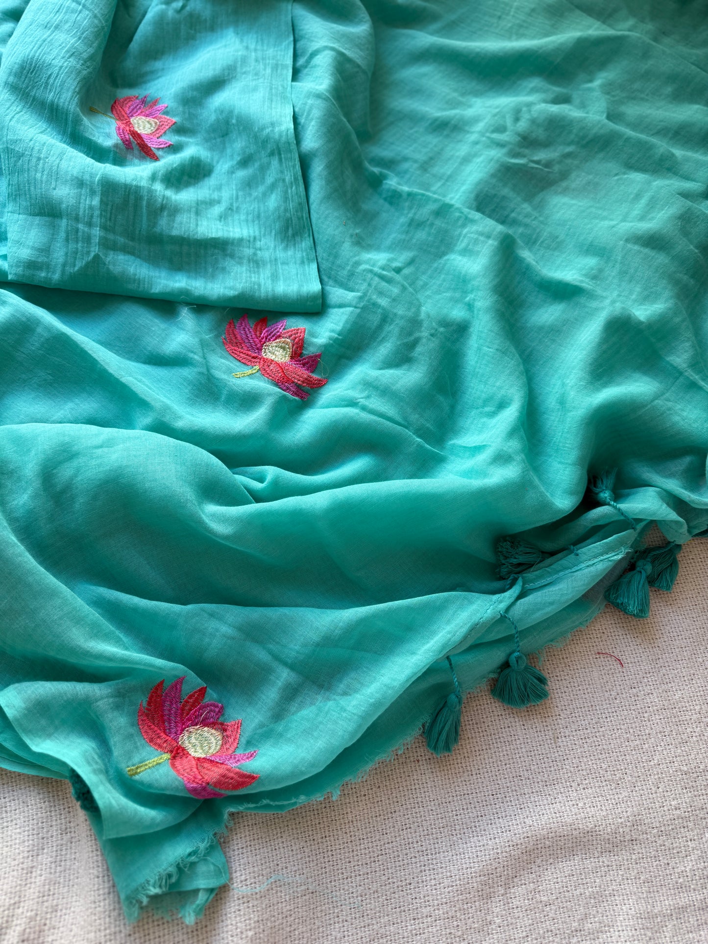 Lotus Embroidery Mul Cotton Saree