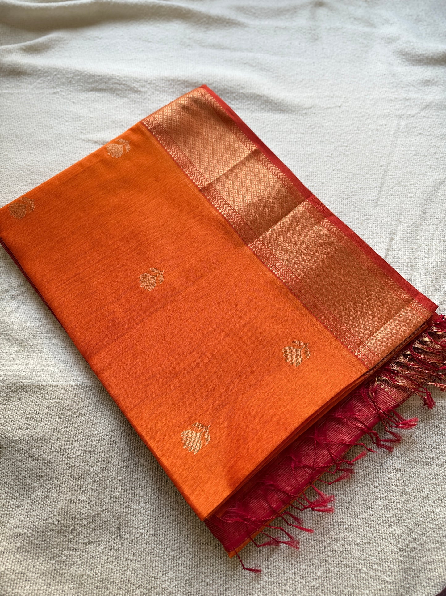 Orange Lotuf Motif Maheshwari Saree