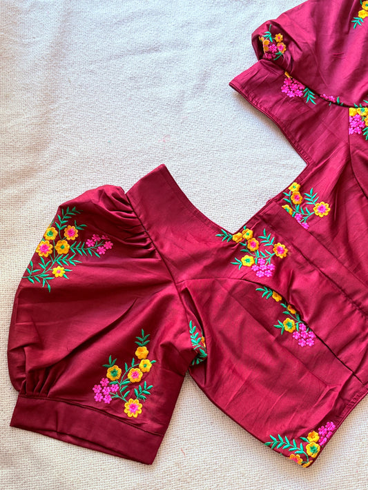 Puff Sleeves Maroon Blouse with Floral Embroidery 🌸