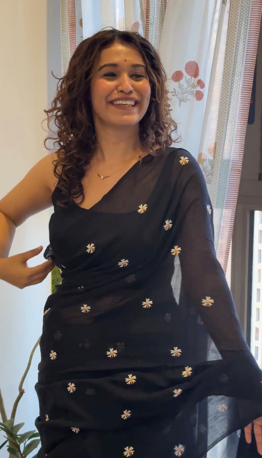 Parijaat Embroidered Black Mul Cotton Saree