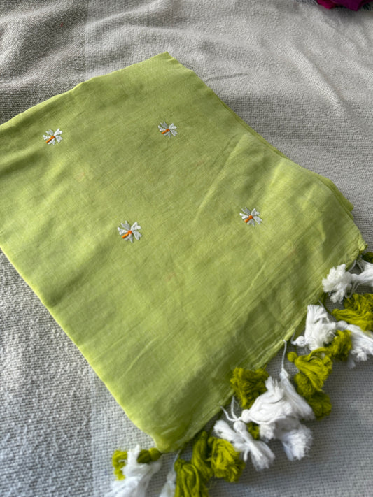 Parijaat Embroidered Pista Mul Cotton Saree
