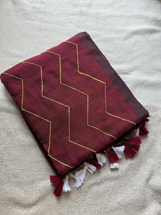 Maroon ZigZag Zari Work Mul Cotton Saree