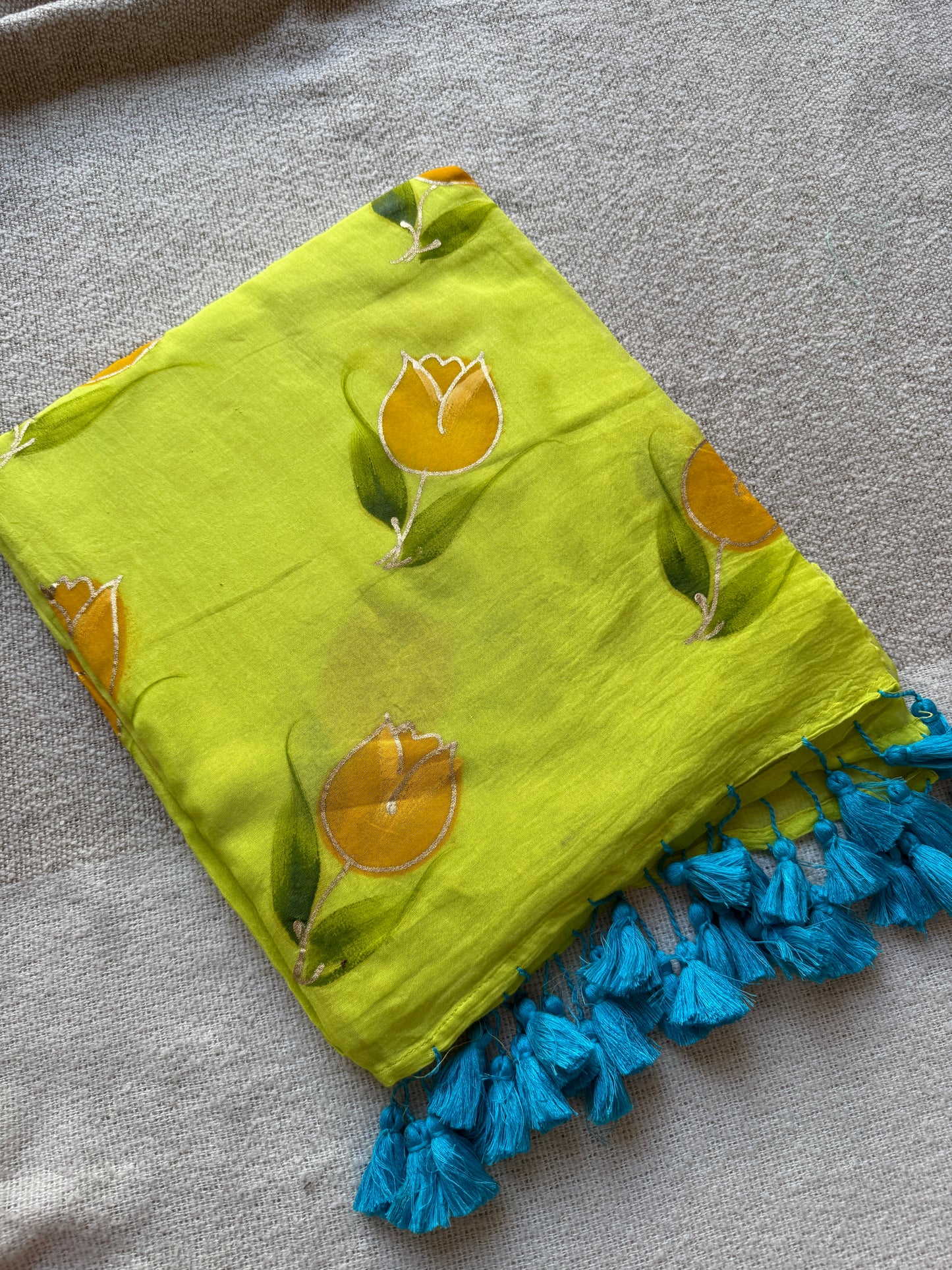 Rose Handpainted Neon Green Mul Cotton Saree