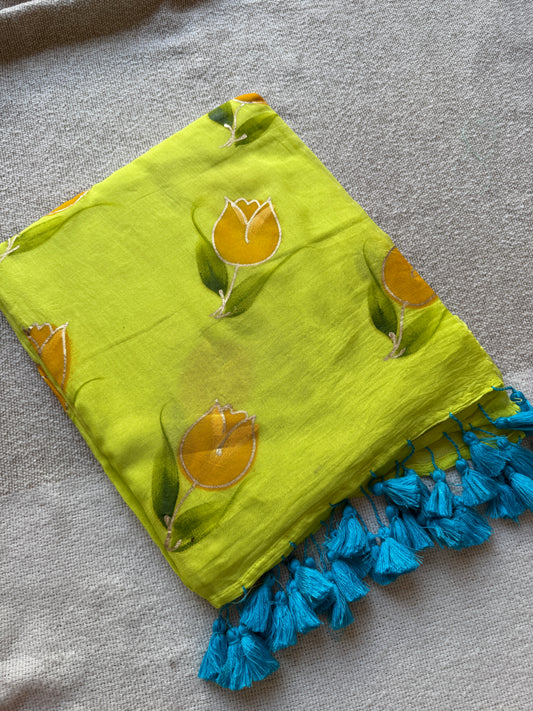 Rose Handpainted Neon Green Mul Cotton Saree