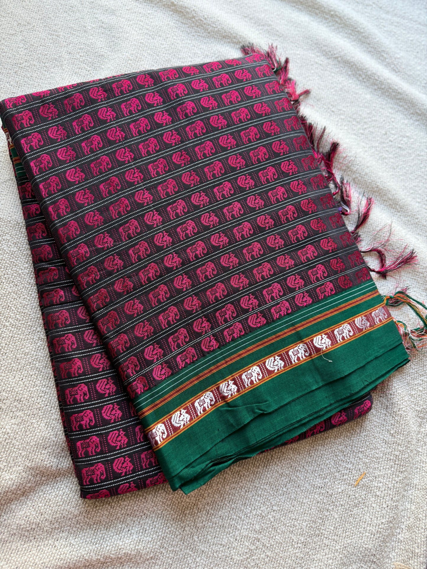 Hati Mor Pink with Green Border Khunn Saree