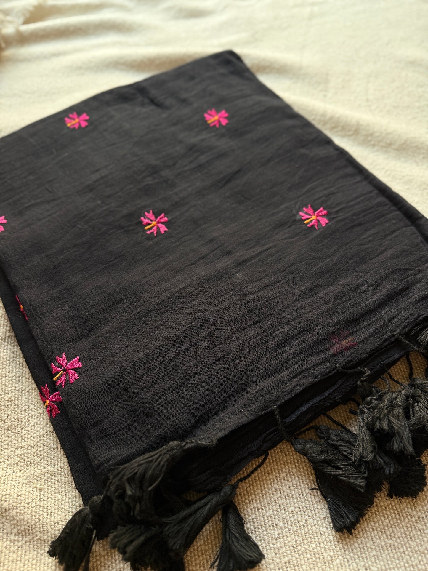 Black Mul Cotton Contrast Parijaat Embroidered Saree