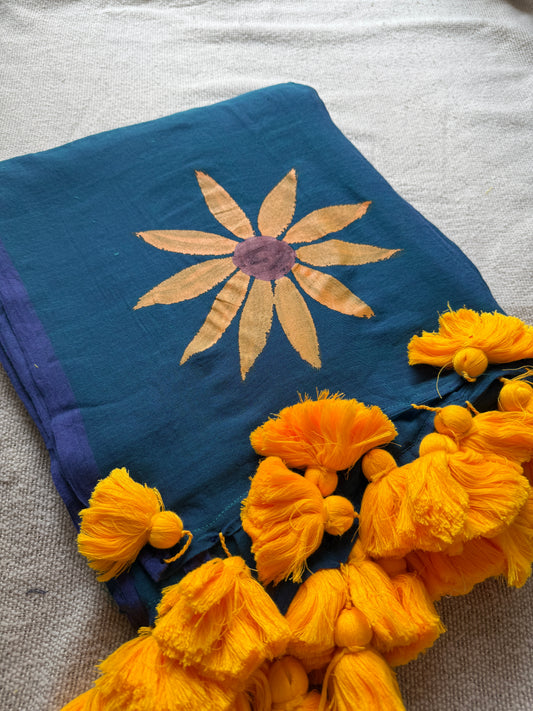 Handpainted Sunflower Blue Dual shade Mul Cotton Saree