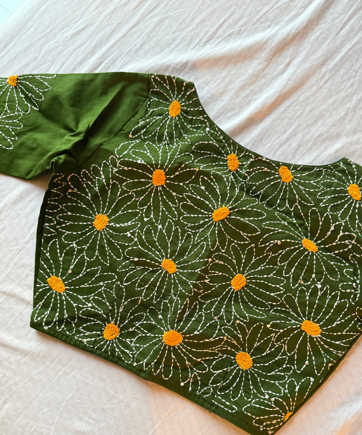 Daisy Embroidered Mehandi- Green Blouse