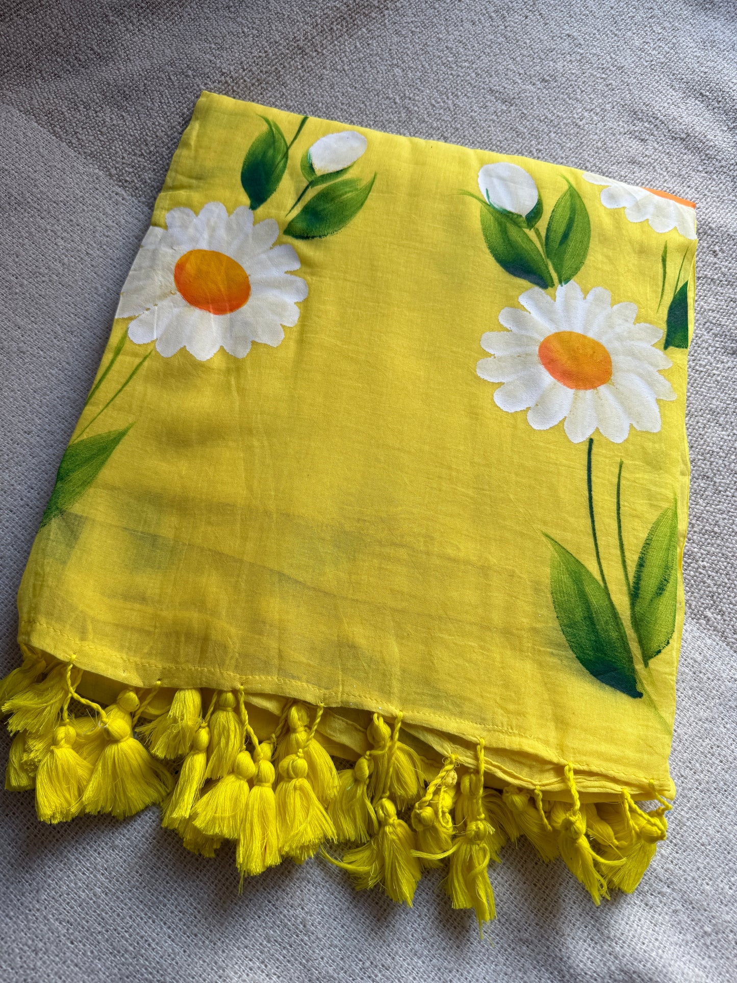 Daisy Handpainted Mul Cotton Yellow Saree