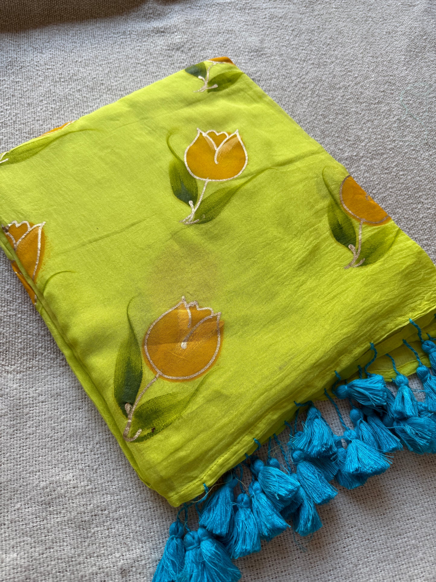 Rose Handpainted Neon Green Mul Cotton Saree