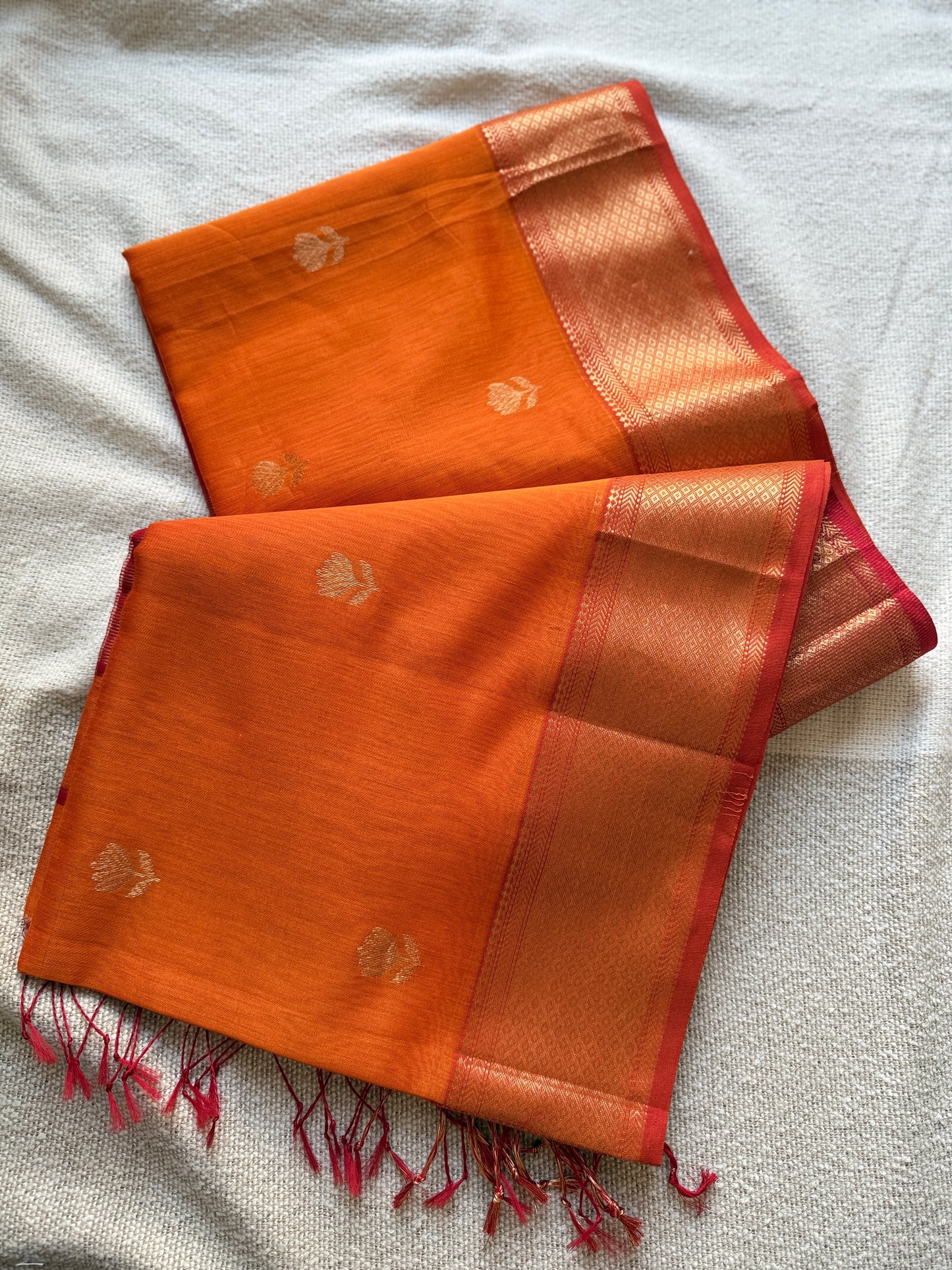 Orange Lotuf Motif Maheshwari Saree