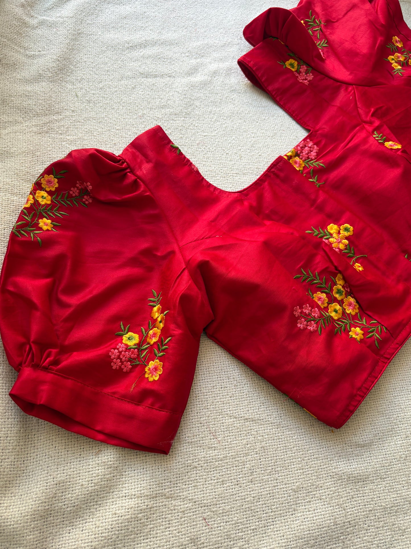 Puff Sleeves Red Blouse with Floral Embroidery 🌸