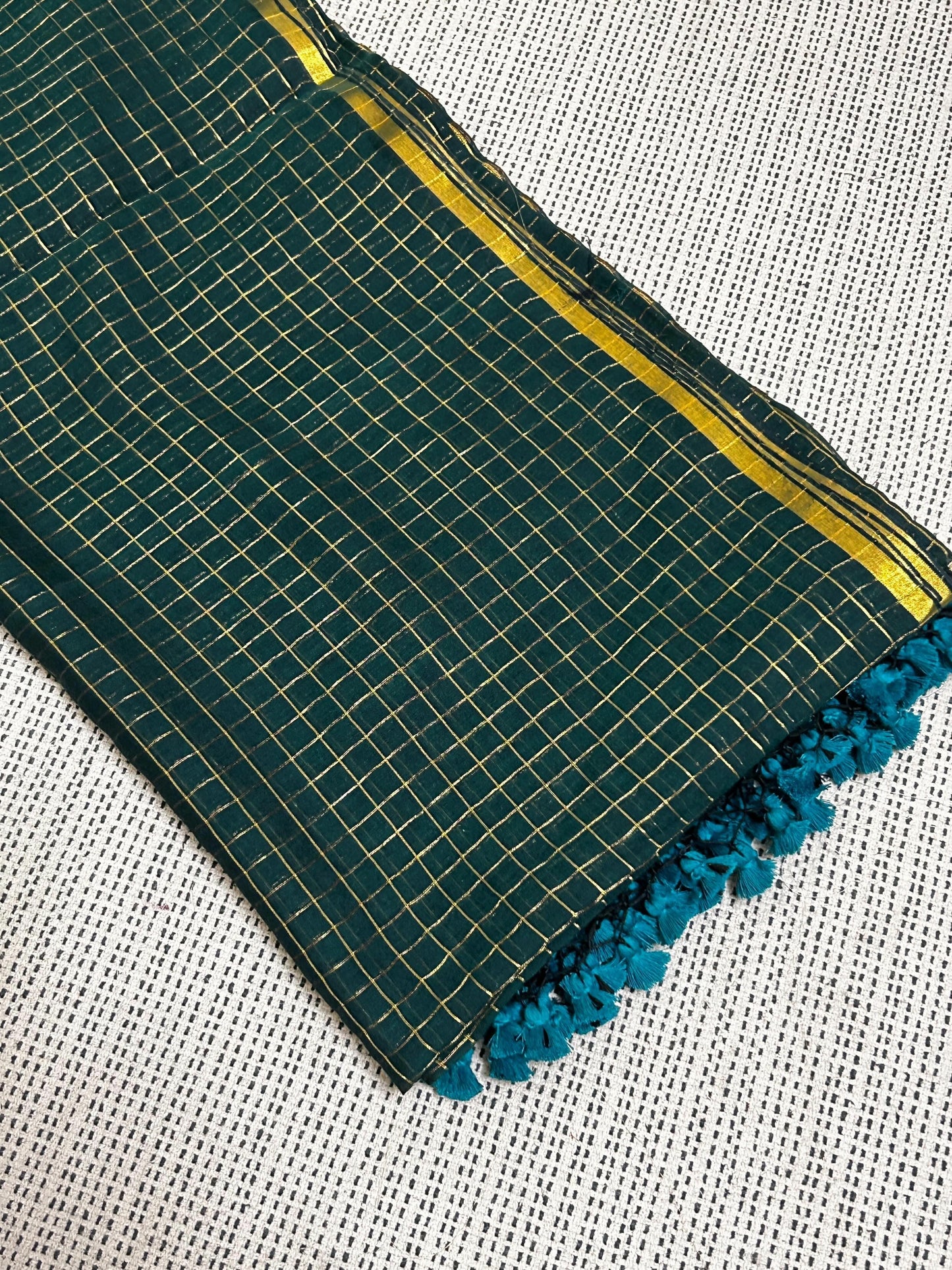 Bottle Green Golden Zari Checkered Sareee