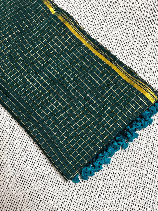 Bottle Green Golden Zari Checkered Sareee
